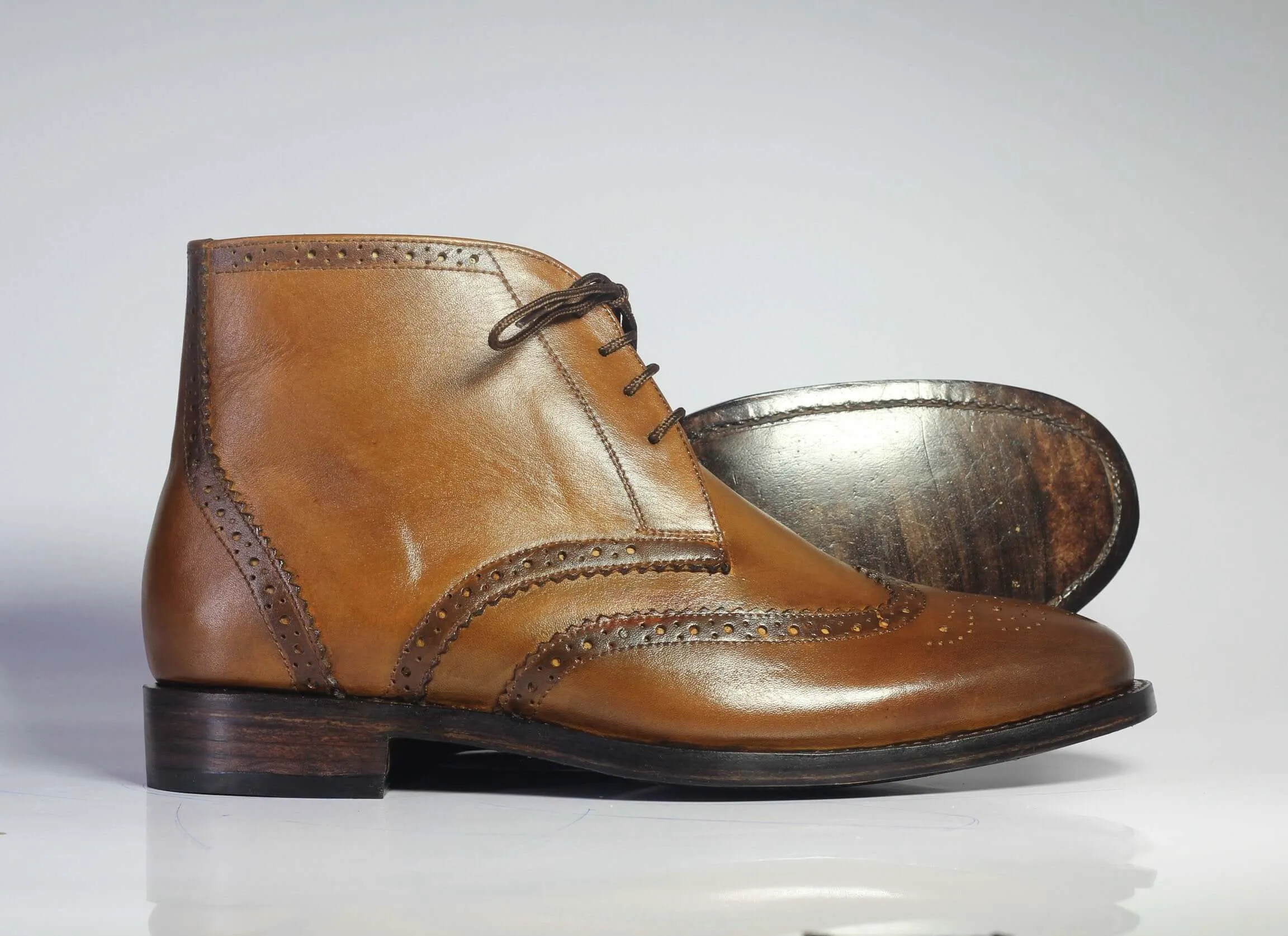 Bespoke Tan Chukka Leather Wing Tip Lace Up Boots