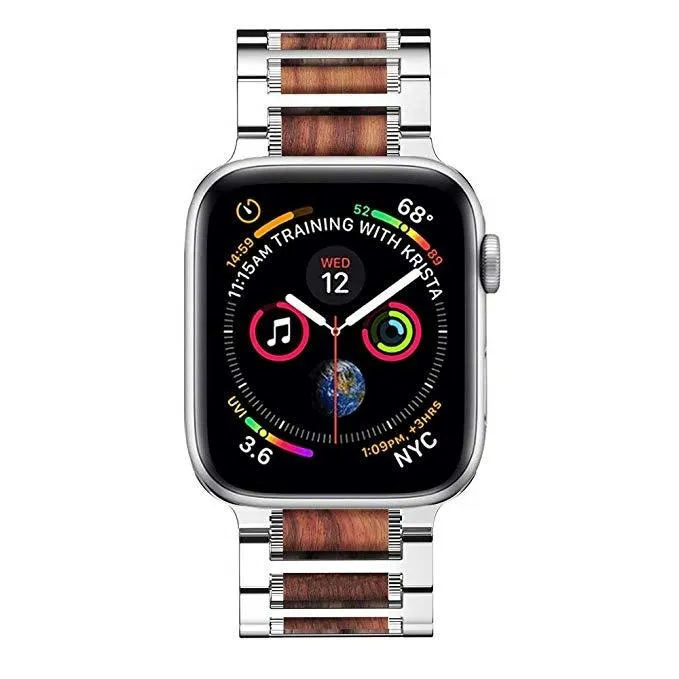 Black Apple Watch Natural Wood, silver Stainless Steel Band