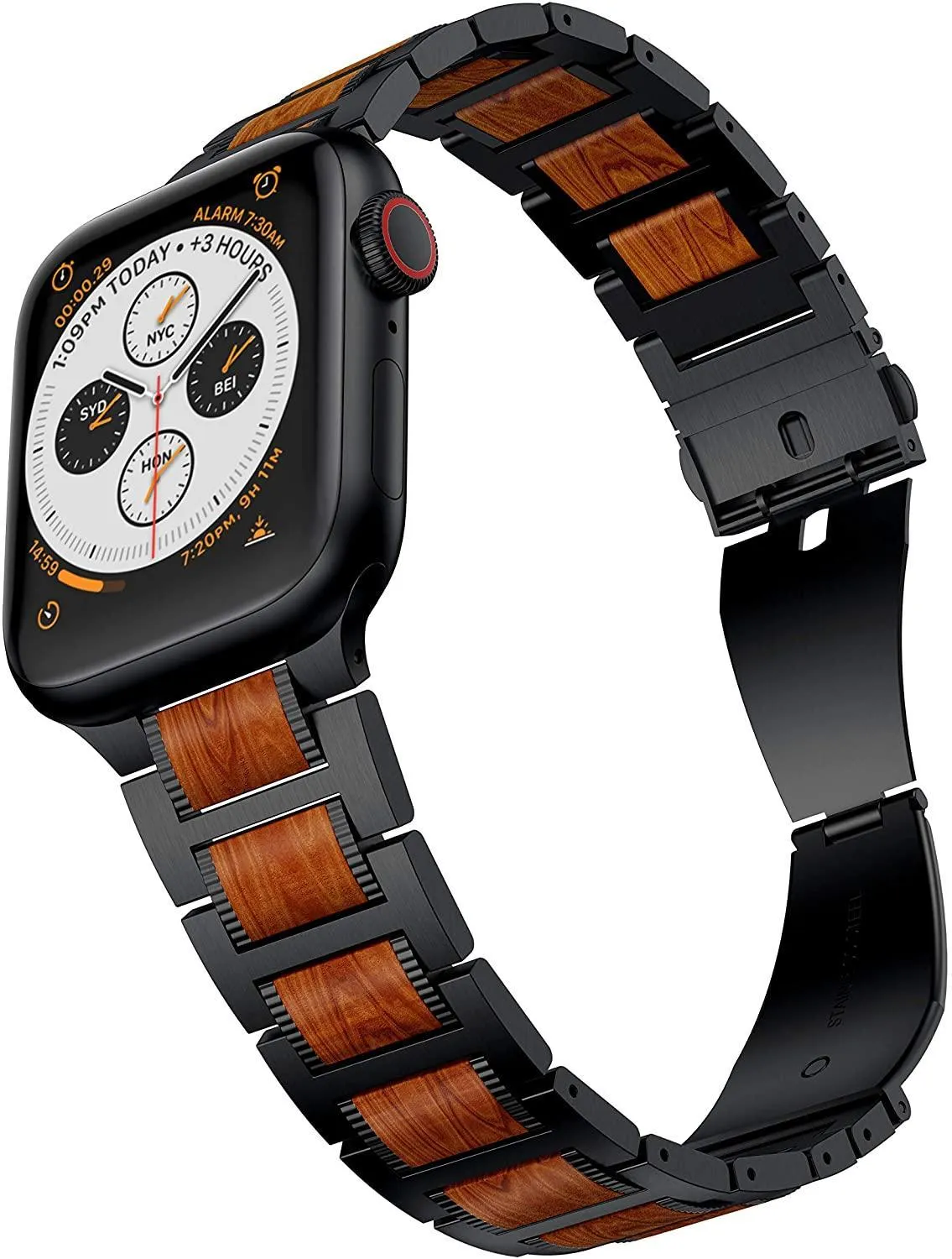 Black Apple Watch Natural Wood, silver Stainless Steel Band