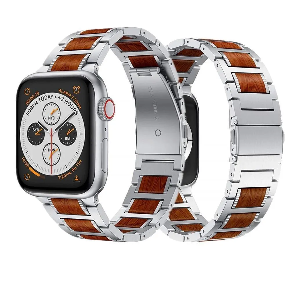 Black Apple Watch Natural Wood, silver Stainless Steel Band