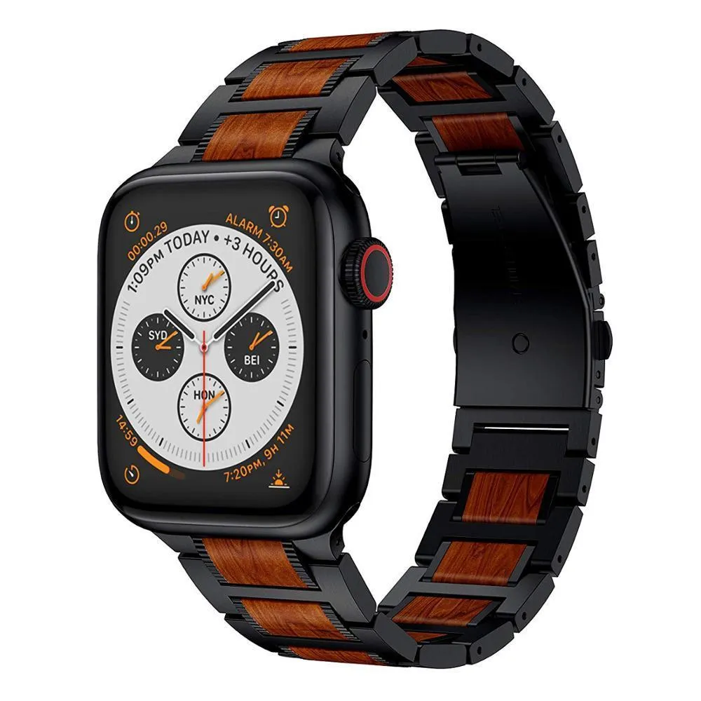 Black Apple Watch Natural Wood, silver Stainless Steel Band