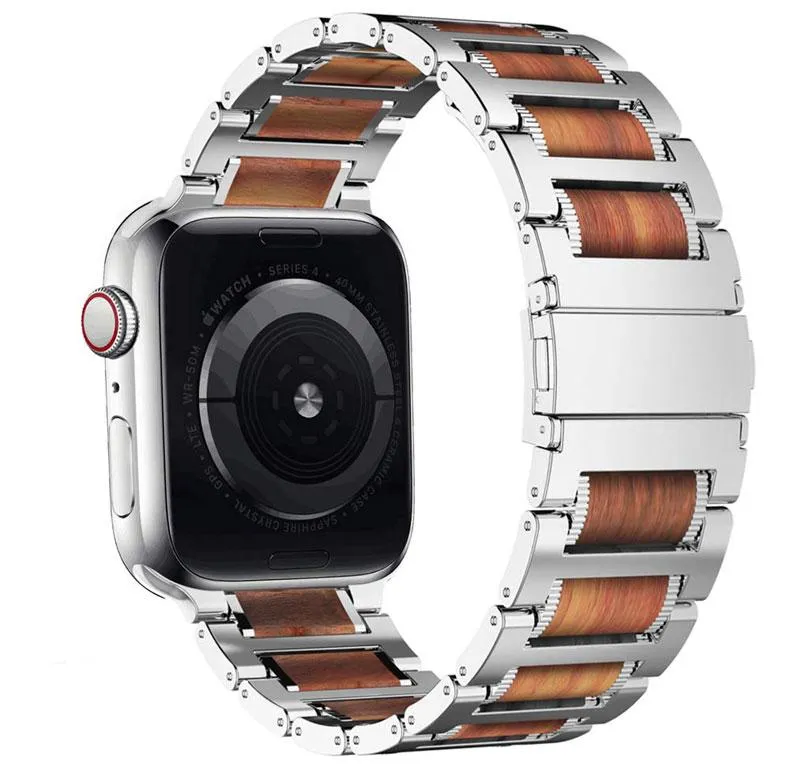 Black Apple Watch Natural Wood, silver Stainless Steel Band