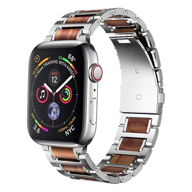 Black Apple Watch Natural Wood, silver Stainless Steel Band