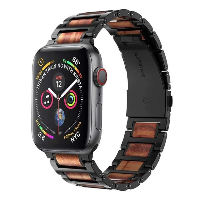 Black Apple Watch Natural Wood, silver Stainless Steel Band