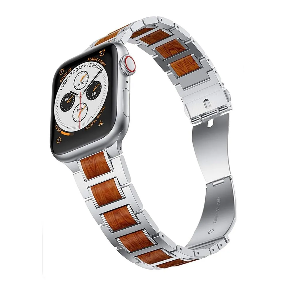 Black Apple Watch Natural Wood, silver Stainless Steel Band