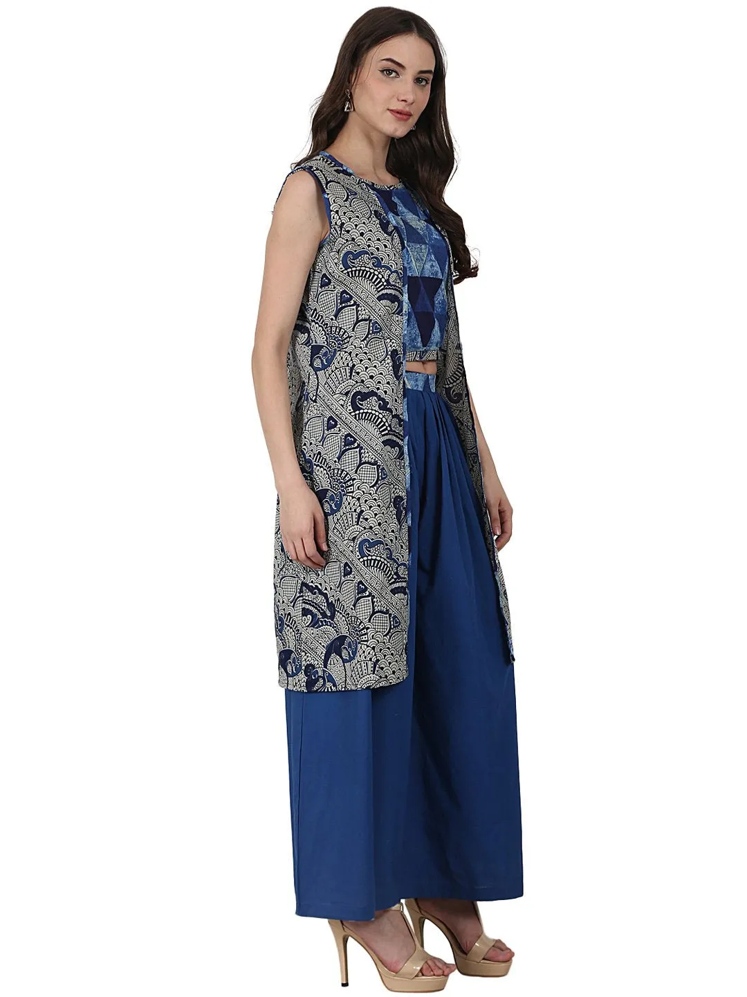 Blue Printed Top With Solid Ankle Length Plazzo & Sleevless Grey Printed Jacket