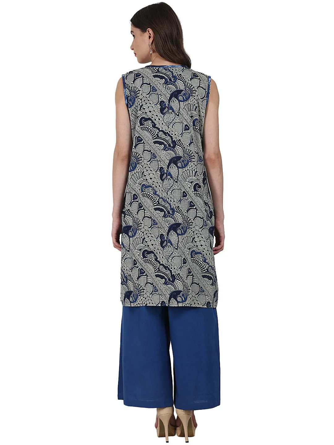 Blue Printed Top With Solid Ankle Length Plazzo & Sleevless Grey Printed Jacket