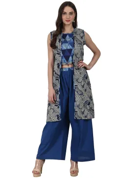 Blue Printed Top With Solid Ankle Length Plazzo & Sleevless Grey Printed Jacket