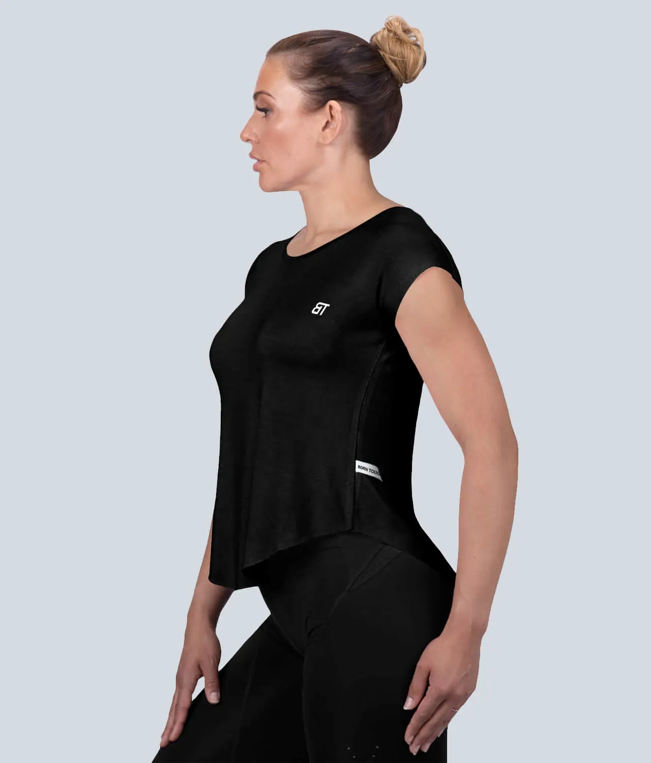 Born Tough Capped Sheer Black Sleeveless Running Shirt for Women