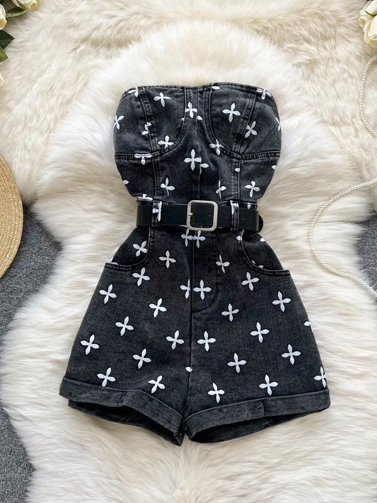 Denim Cross Print Women Jumpsuits Sashes Pocket High Street Romper