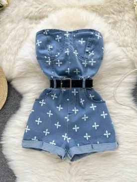 Denim Cross Print Women Jumpsuits Sashes Pocket High Street Romper