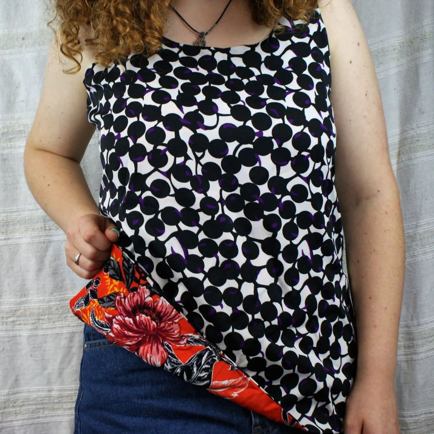 Fair Trade Upcycled Reversible Top - Black Dot and Firey Flower