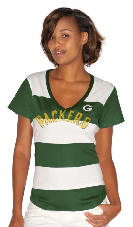 Green Bay Packers Striped Women's Green/White V-Neck