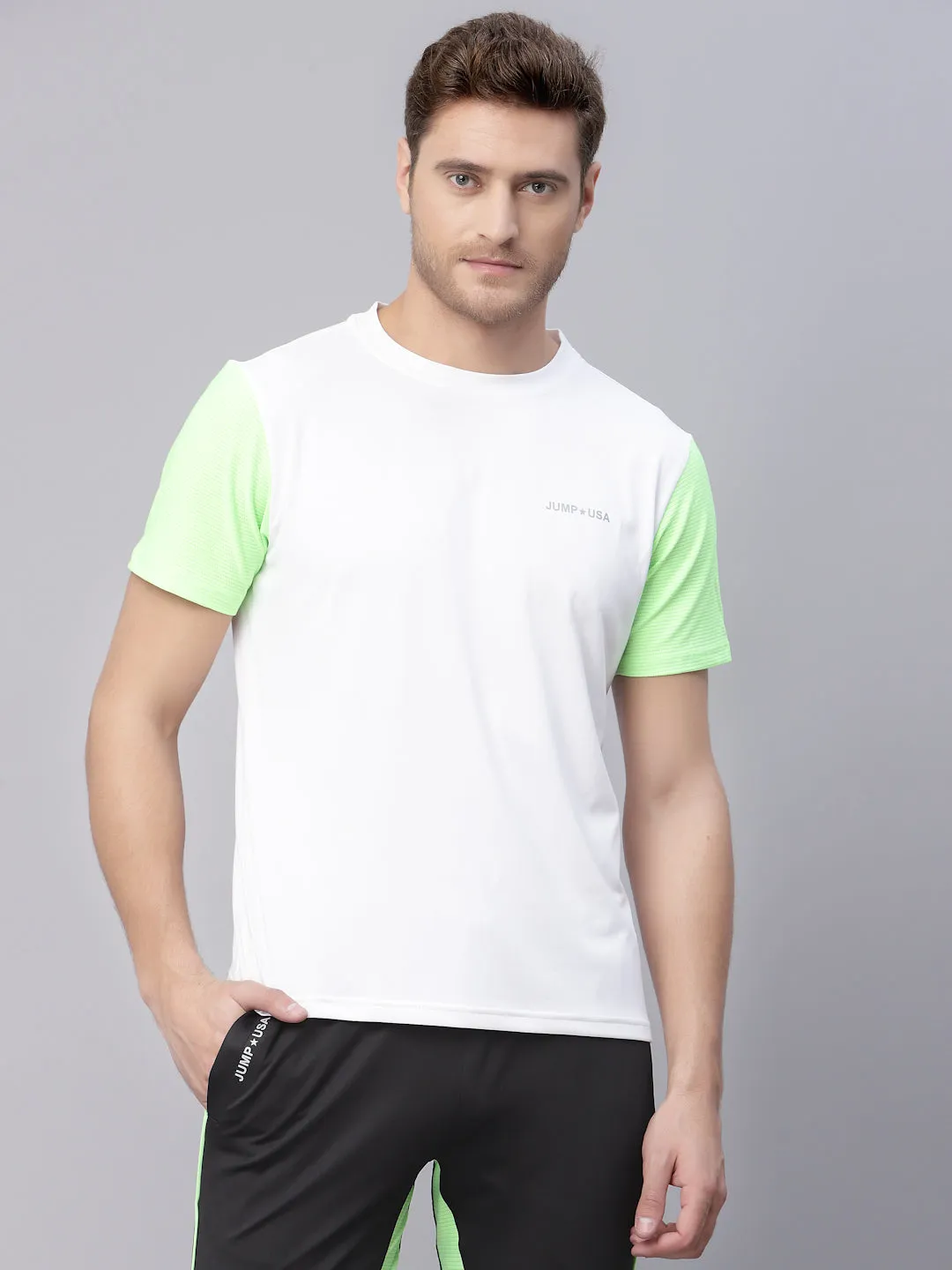 JUMP USA Men White & Green Solid Round Neck Sports T-shirt