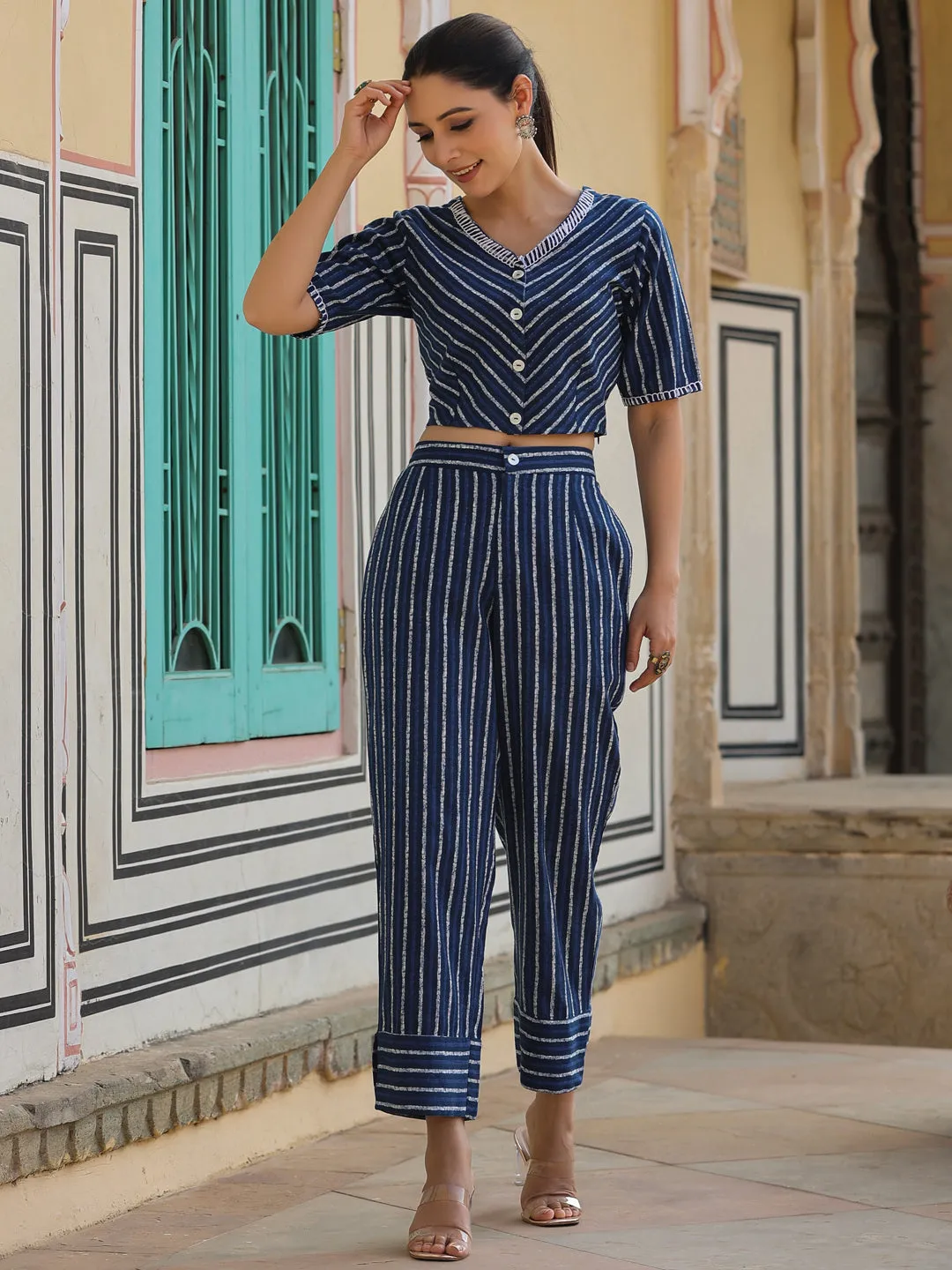 Navy Cotton Flex Print With Embroidery Straight Clothing Set