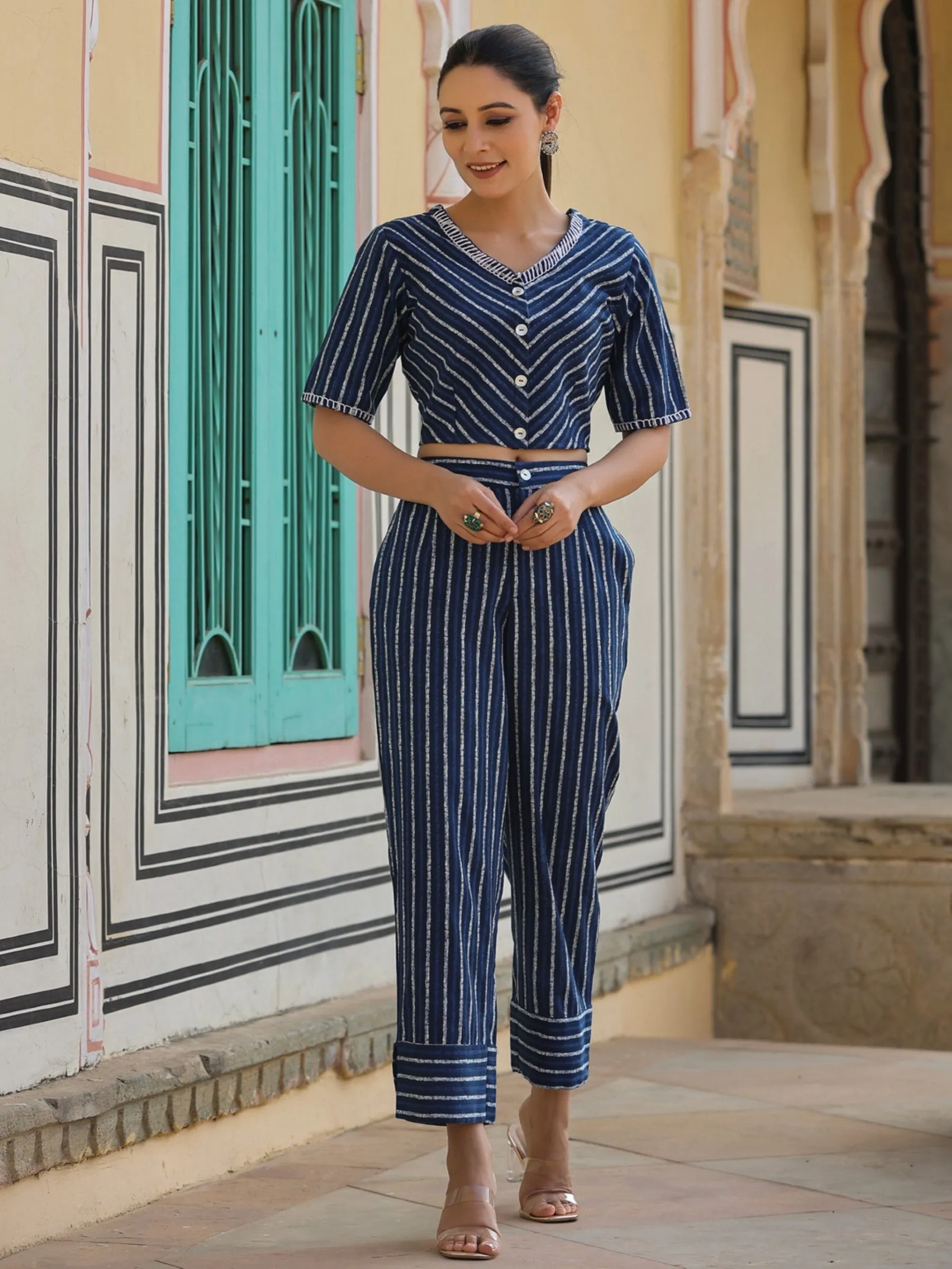 Navy Cotton Flex Print With Embroidery Straight Clothing Set