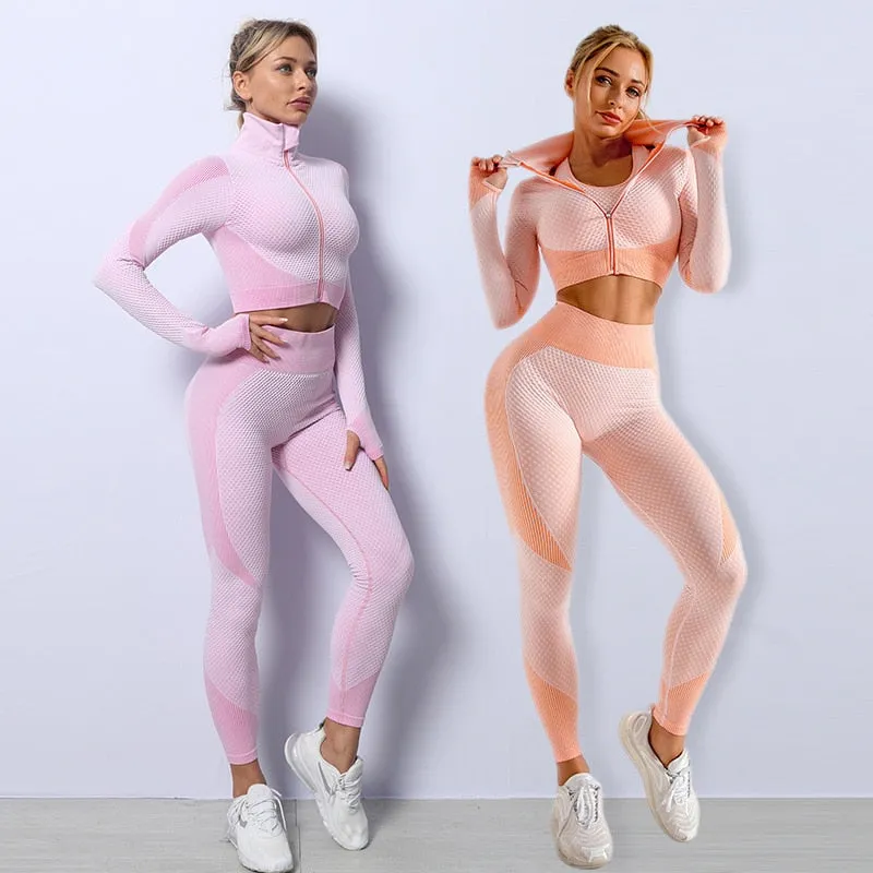 Seamless Gym Set Women 3PCS Fitness Workout Sports Bra Active Wear Crop Top Leggings Tracksuit Yoga Set Womens 3 Piece Outfits