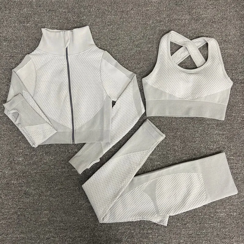 Seamless Gym Set Women 3PCS Fitness Workout Sports Bra Active Wear Crop Top Leggings Tracksuit Yoga Set Womens 3 Piece Outfits