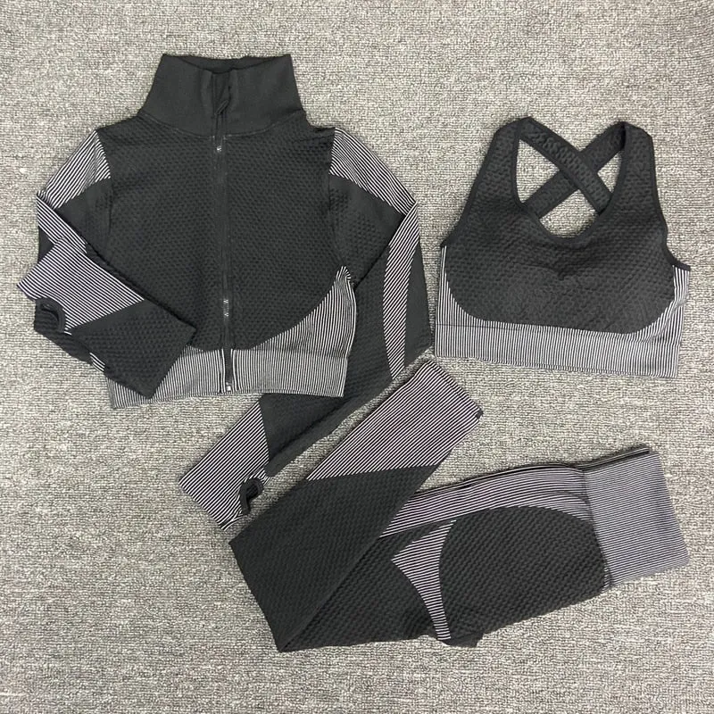 Seamless Gym Set Women 3PCS Fitness Workout Sports Bra Active Wear Crop Top Leggings Tracksuit Yoga Set Womens 3 Piece Outfits