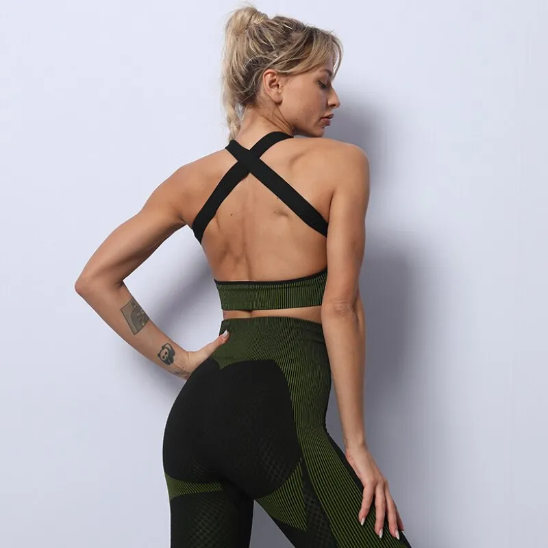 Seamless Gym Set Women 3PCS Fitness Workout Sports Bra Active Wear Crop Top Leggings Tracksuit Yoga Set Womens 3 Piece Outfits