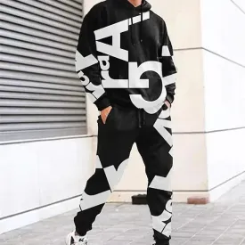 Tracksuit Hoodies Set Hooded Graphic Letter 2 Piece Print Sports & Outdoor Casual Sports 3D Print Basic Streetwear Sportswear Clothing Apparel Hoodies Sweatshirts Long Sleeve Black And White