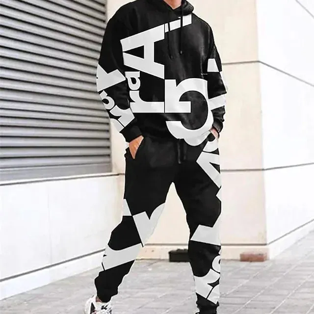 Tracksuit Hoodies Set Hooded Graphic Letter 2 Piece Print Sports & Outdoor Casual Sports 3D Print Basic Streetwear Sportswear Clothing Apparel Hoodies Sweatshirts Long Sleeve Black And White