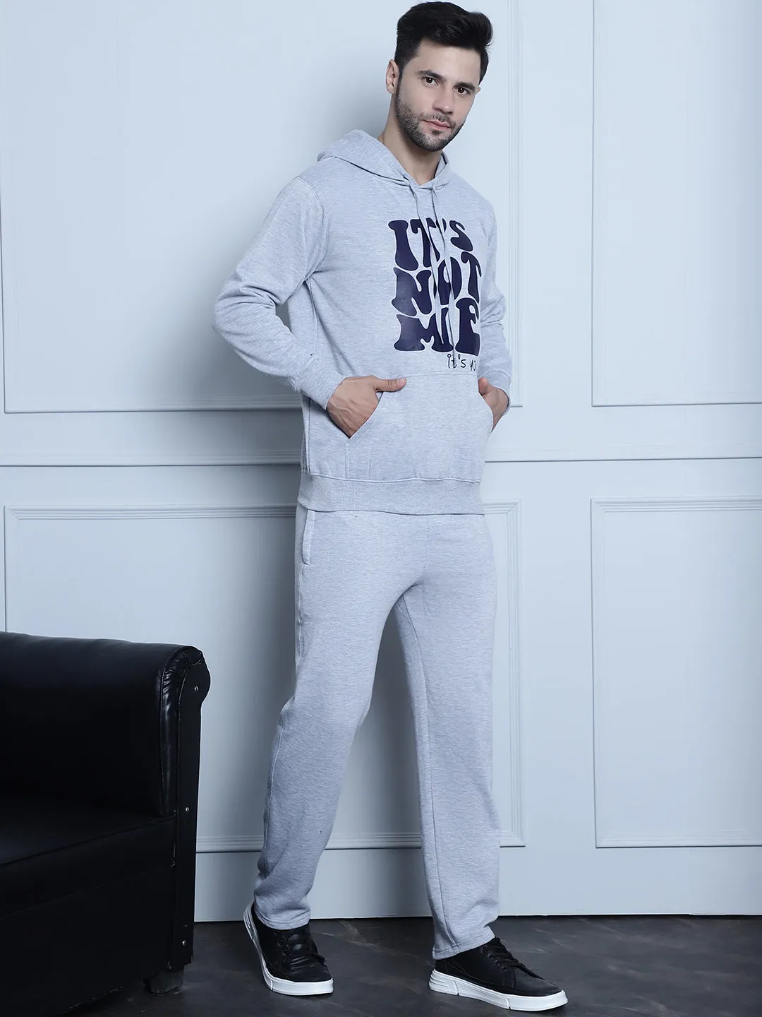 Vimal Jonney Grey Melange Printed Round Neck Cotton Fleece Tracksuit for Men