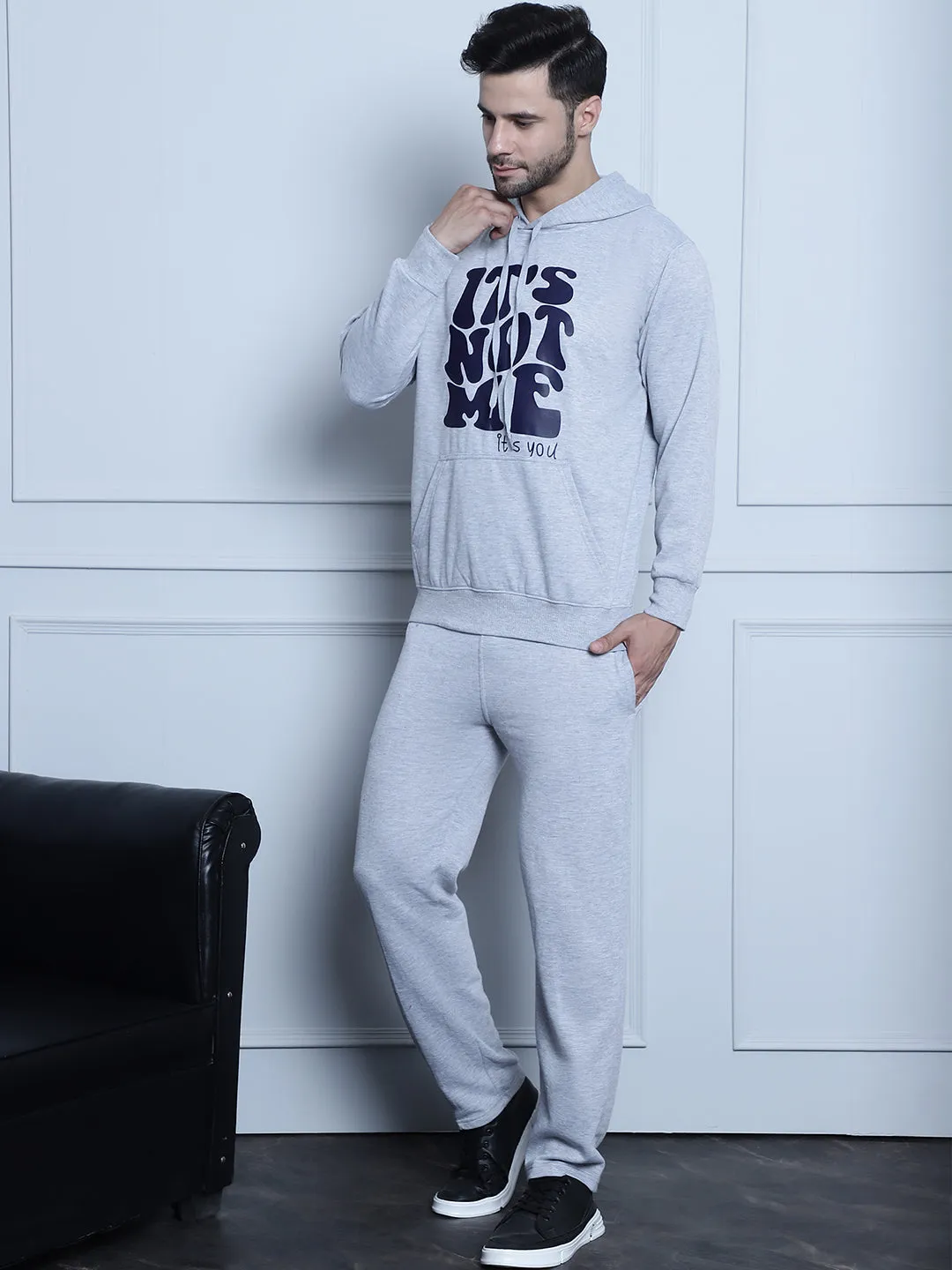 Vimal Jonney Grey Melange Printed Round Neck Cotton Fleece Tracksuit for Men