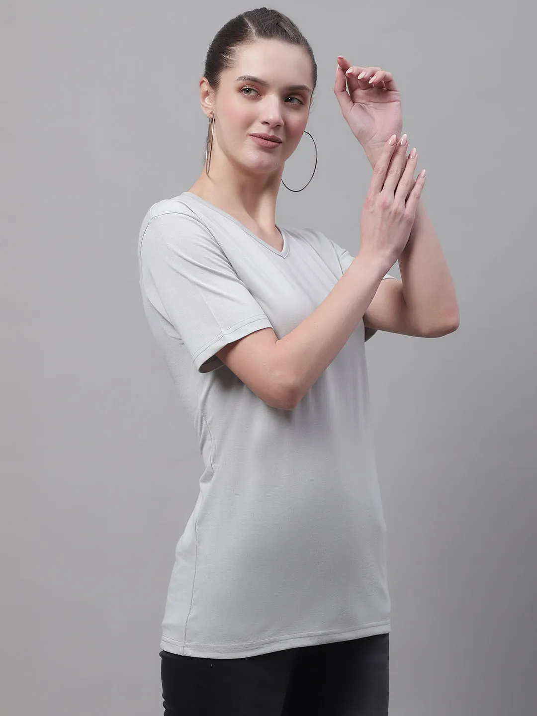 Vimal Jonney V Neck Cotton Solid Light Grey T-Shirt for Women