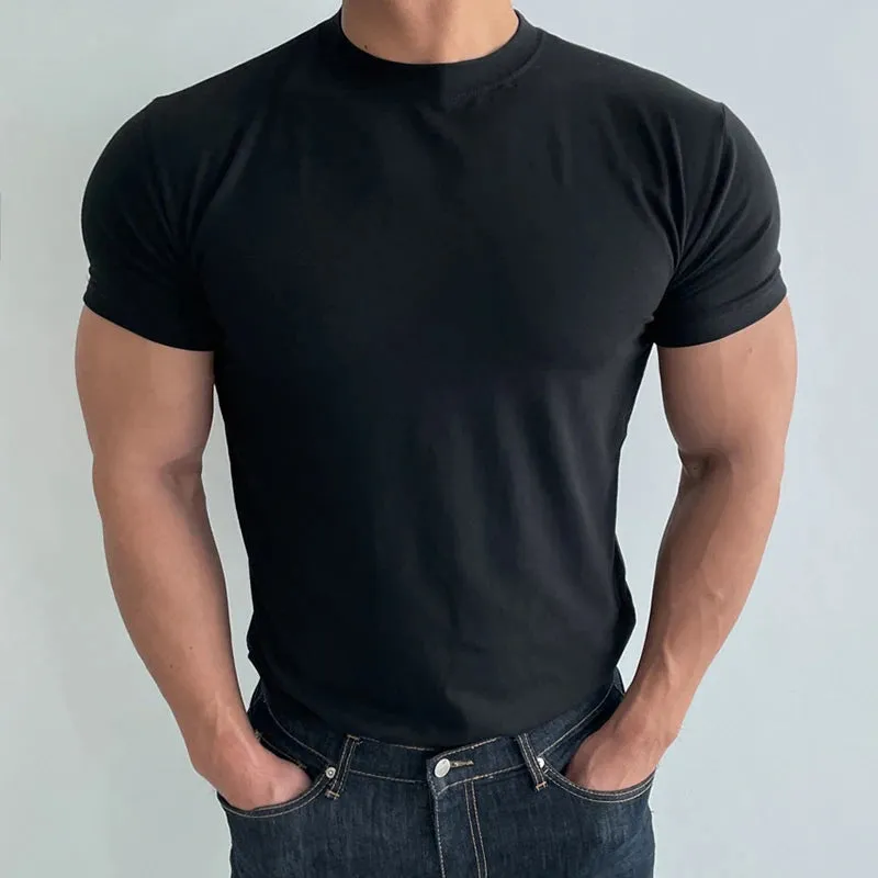 Wiaofellas  -  Elastic Slim Breathable Cotton T Shirts Men Short-sleeved O Neck Sports Muscles Training Mens T-shirt Casual Solid Color Tops