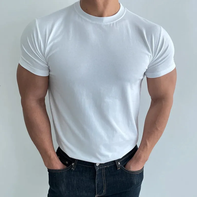 Wiaofellas  -  Elastic Slim Breathable Cotton T Shirts Men Short-sleeved O Neck Sports Muscles Training Mens T-shirt Casual Solid Color Tops