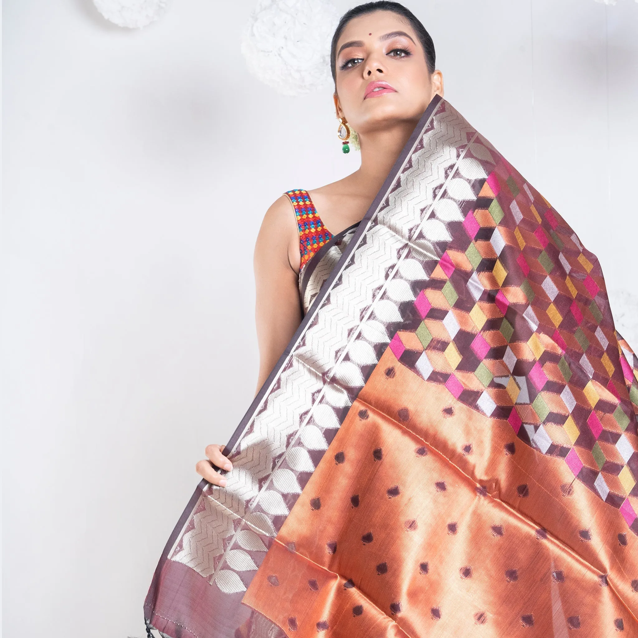 Women Banarasi Kora Organza Saree In Chocolate Brown Color With Multicolor Motifs With Copper Zari