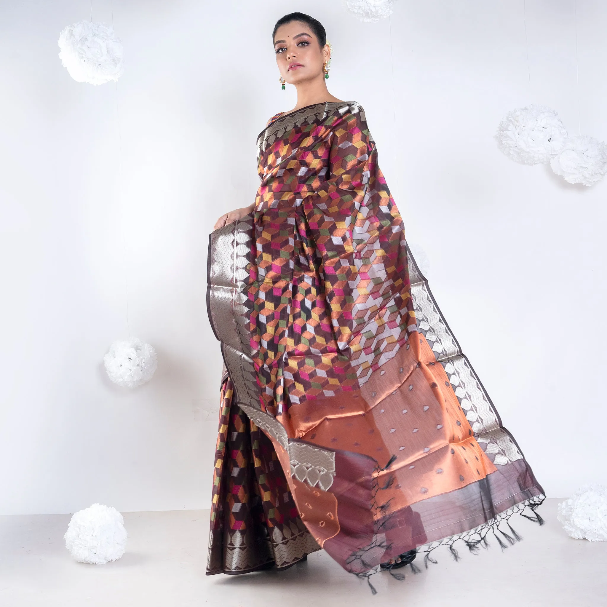 Women Banarasi Kora Organza Saree In Chocolate Brown Color With Multicolor Motifs With Copper Zari