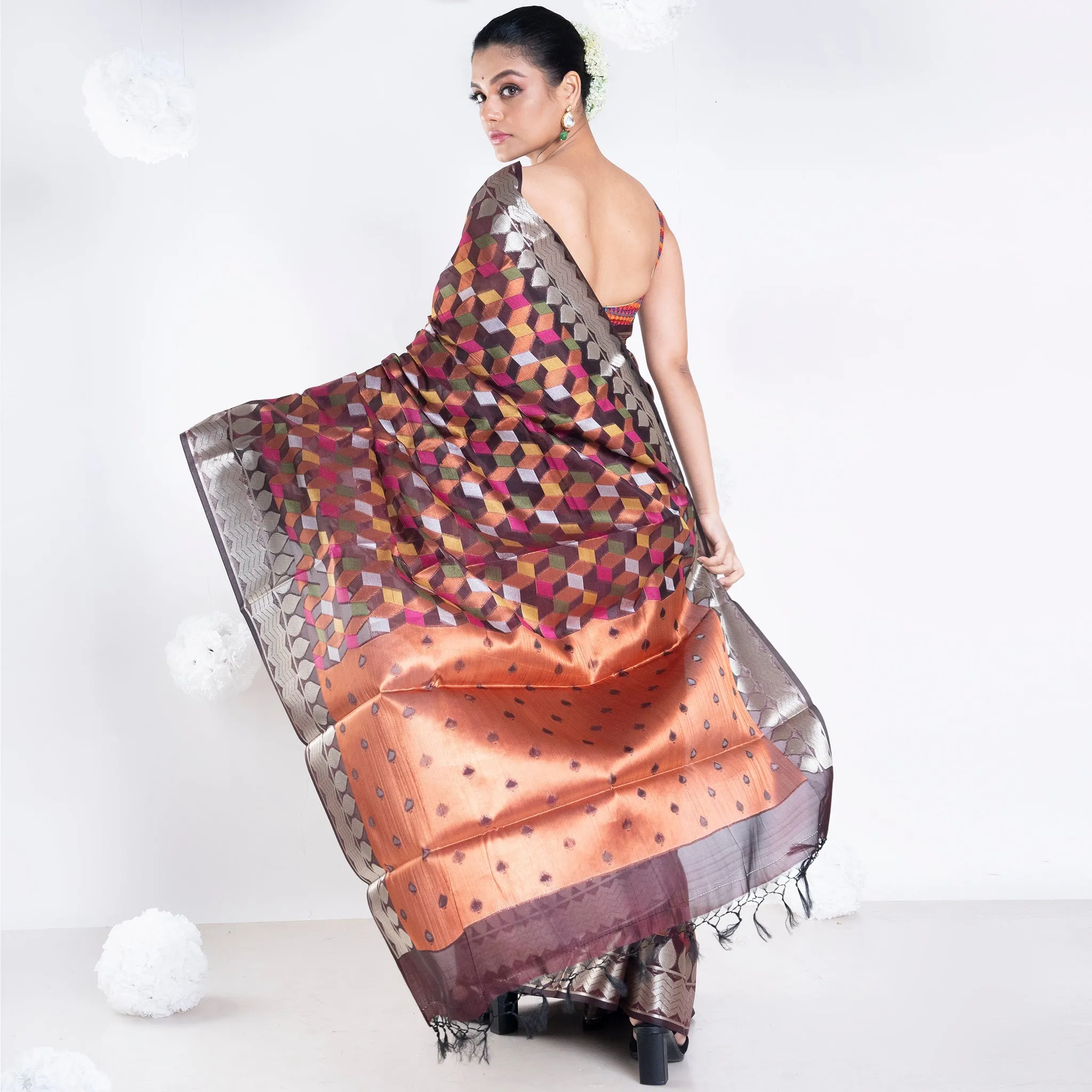 Women Banarasi Kora Organza Saree In Chocolate Brown Color With Multicolor Motifs With Copper Zari