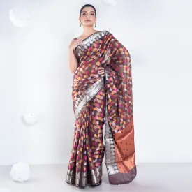 Women Banarasi Kora Organza Saree In Chocolate Brown Color With Multicolor Motifs With Copper Zari