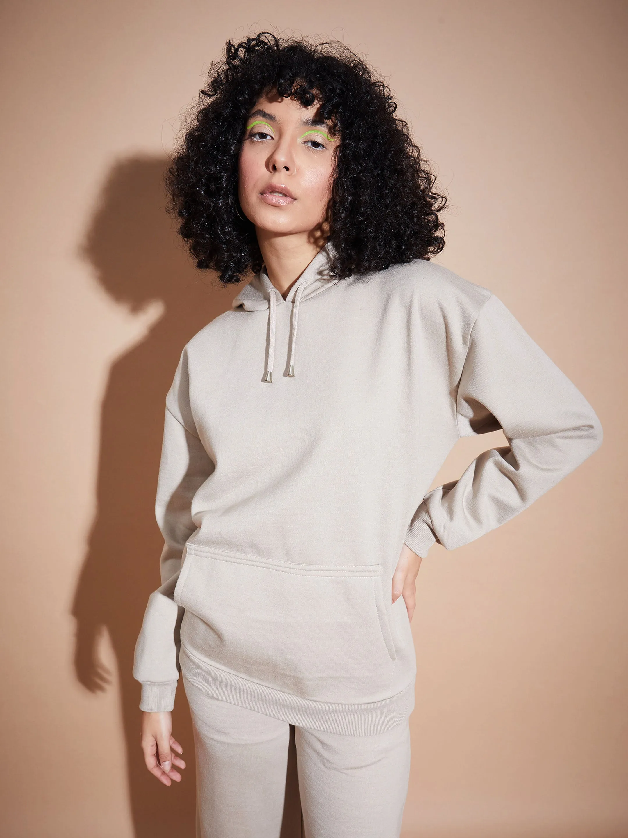 Women Beige Fleece Oversized Hoodie With Track Pants