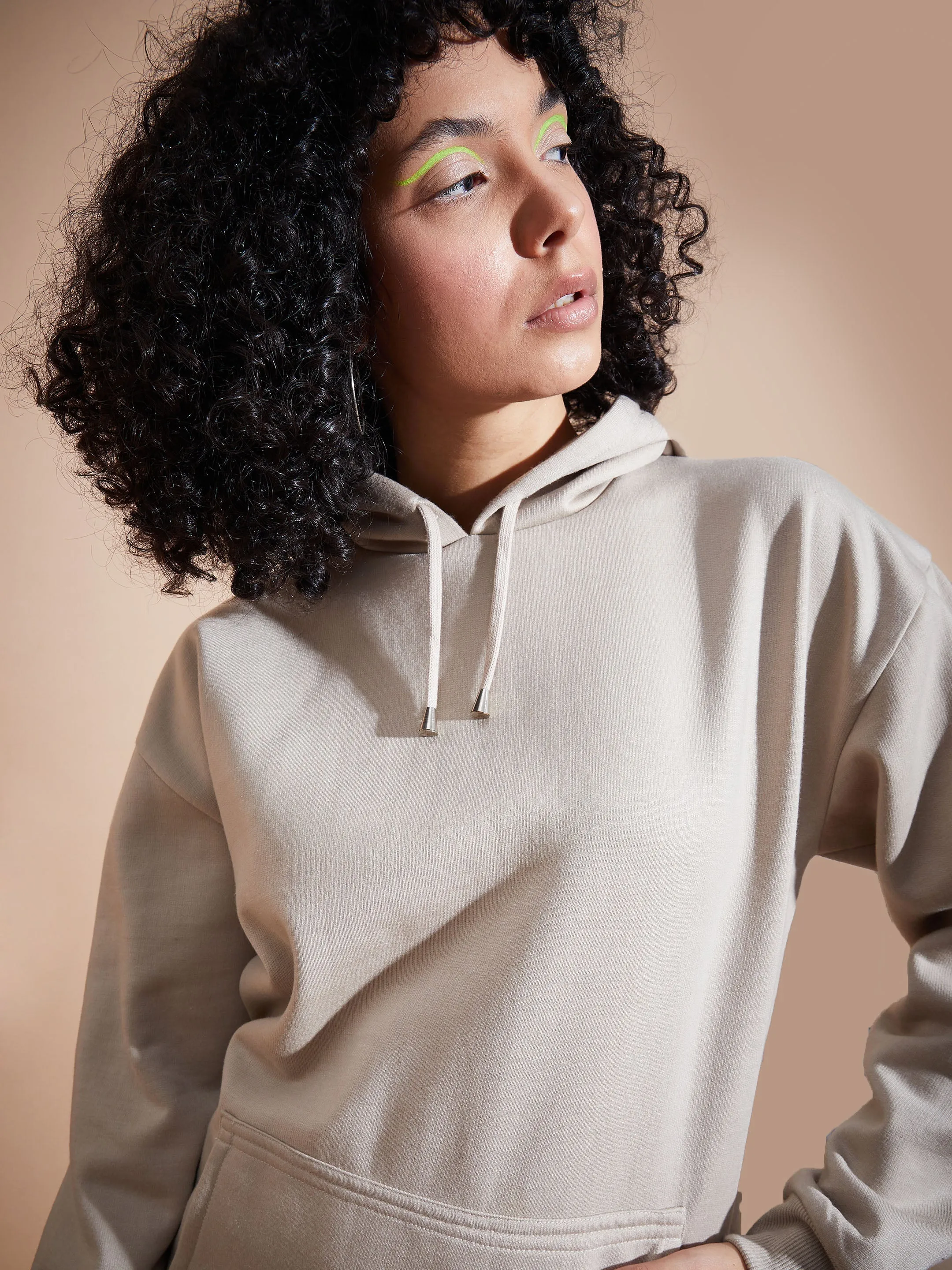 Women Beige Fleece Oversized Hoodie With Track Pants