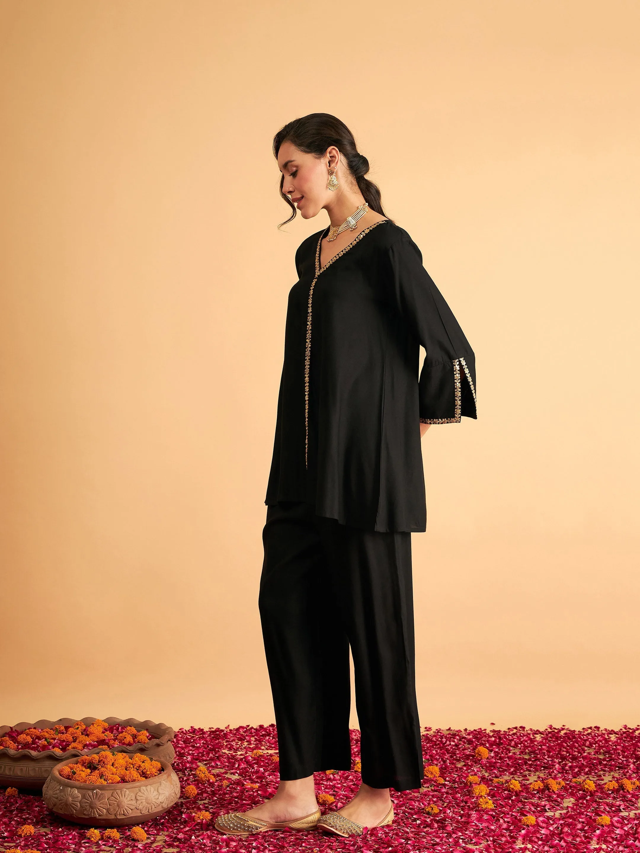 Women Black Embroidered A Line Top With Pants