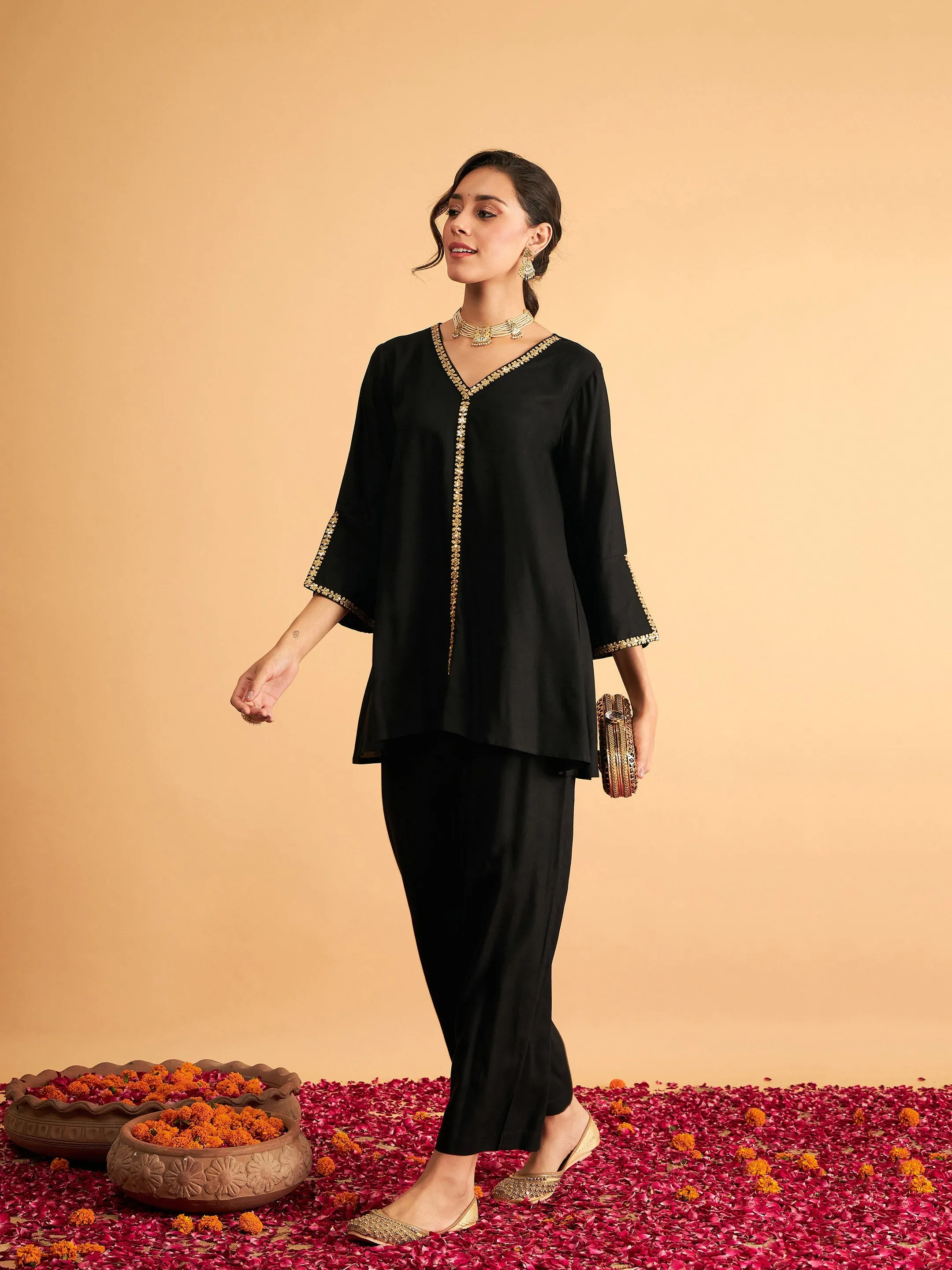 Women Black Embroidered A Line Top With Pants