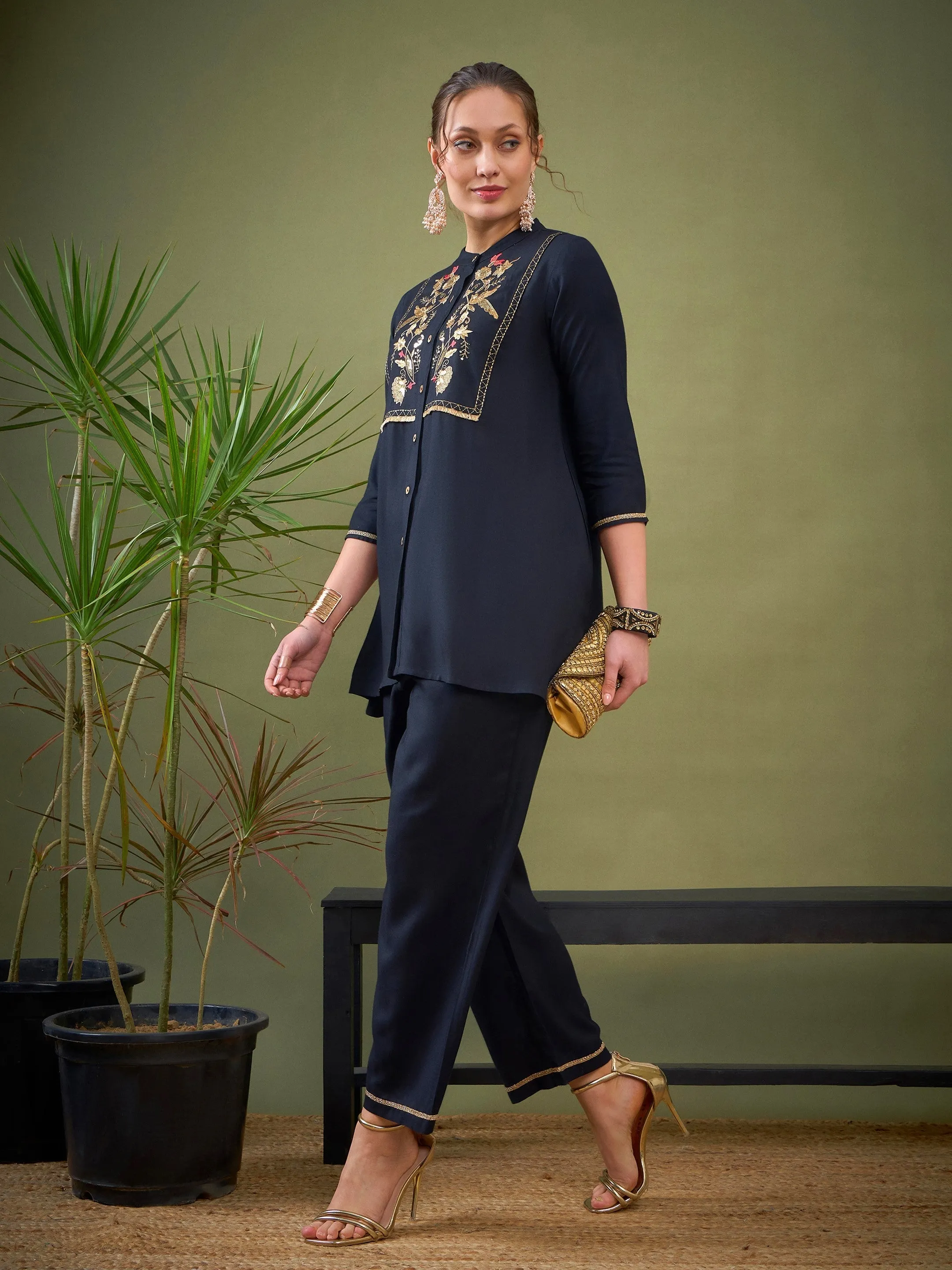 Women Black Front Yoke Embroidered Shirt With Palazzos