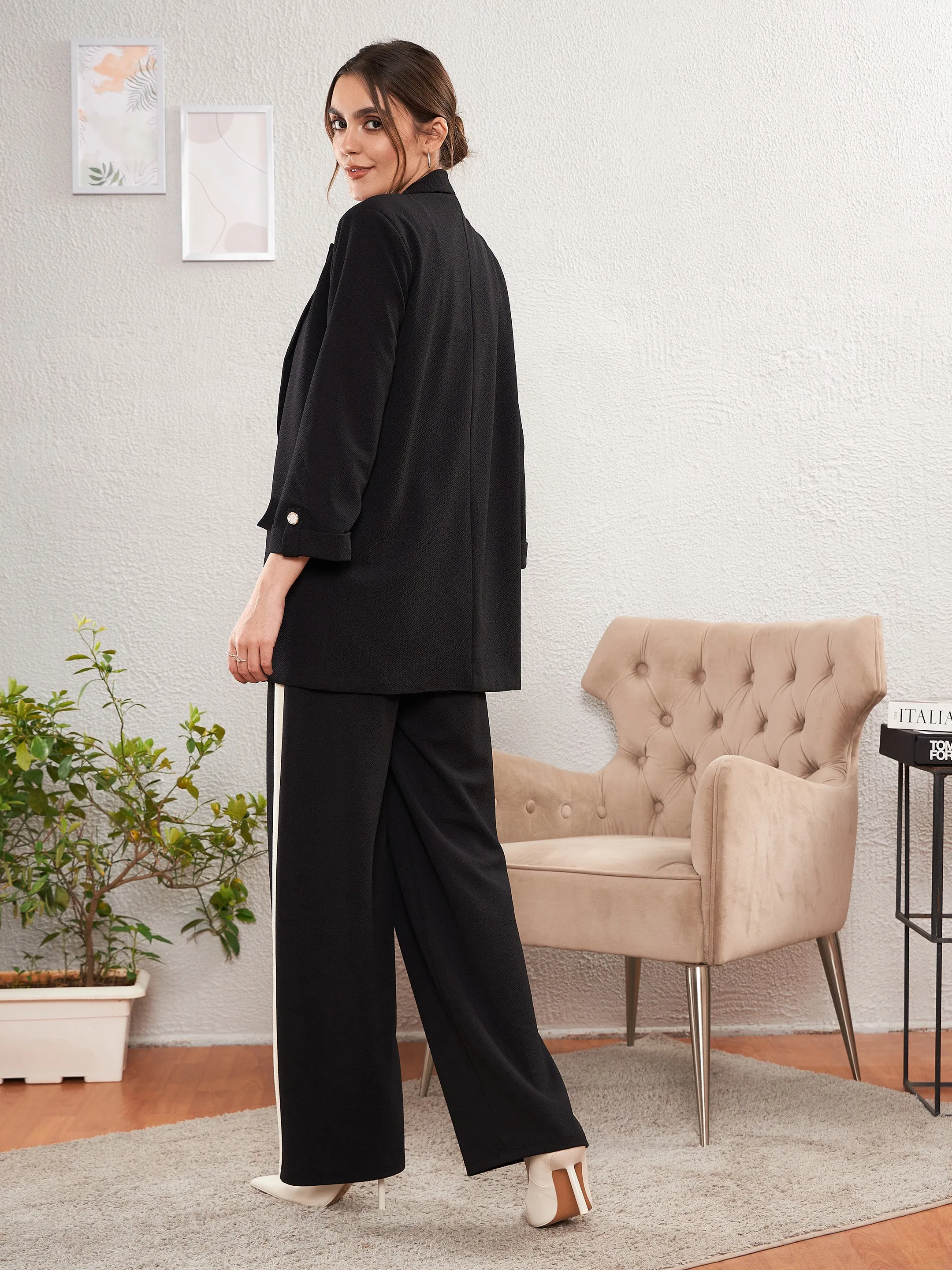 Women Black Longline Blazer With Side Tape Pants