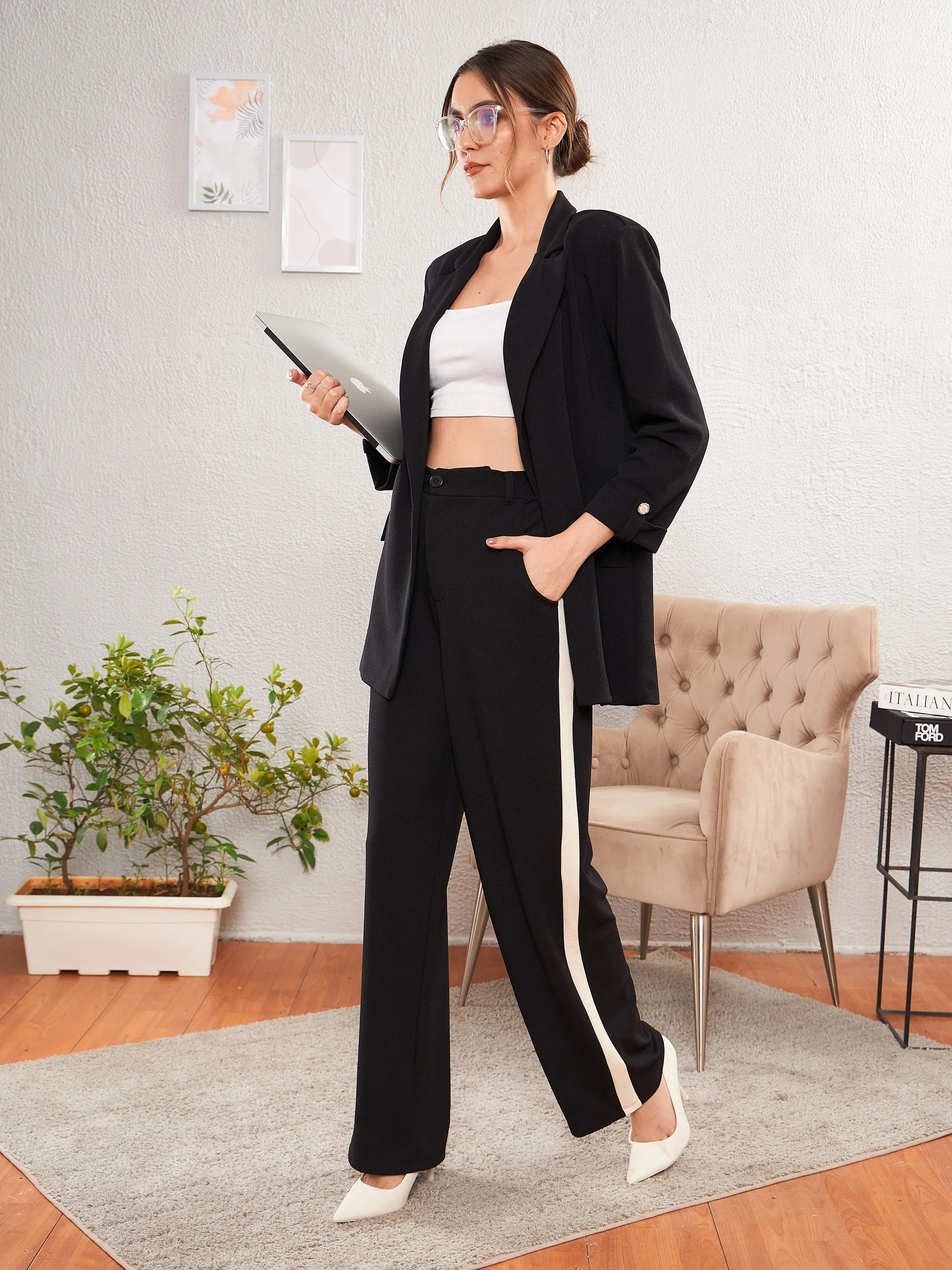 Women Black Longline Blazer With Side Tape Pants