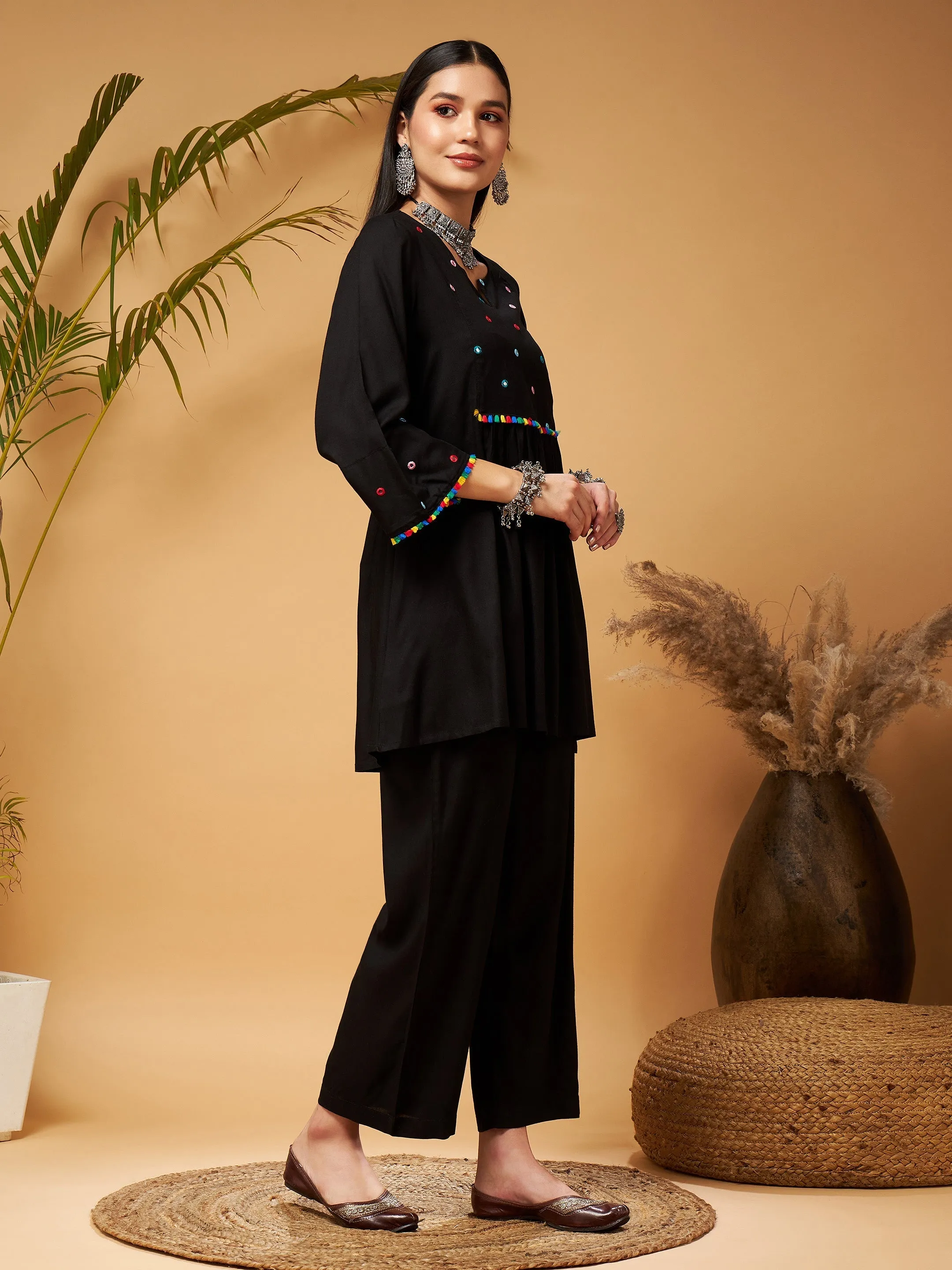 Women Black Mirror Work Embroidered Top With Palazzos