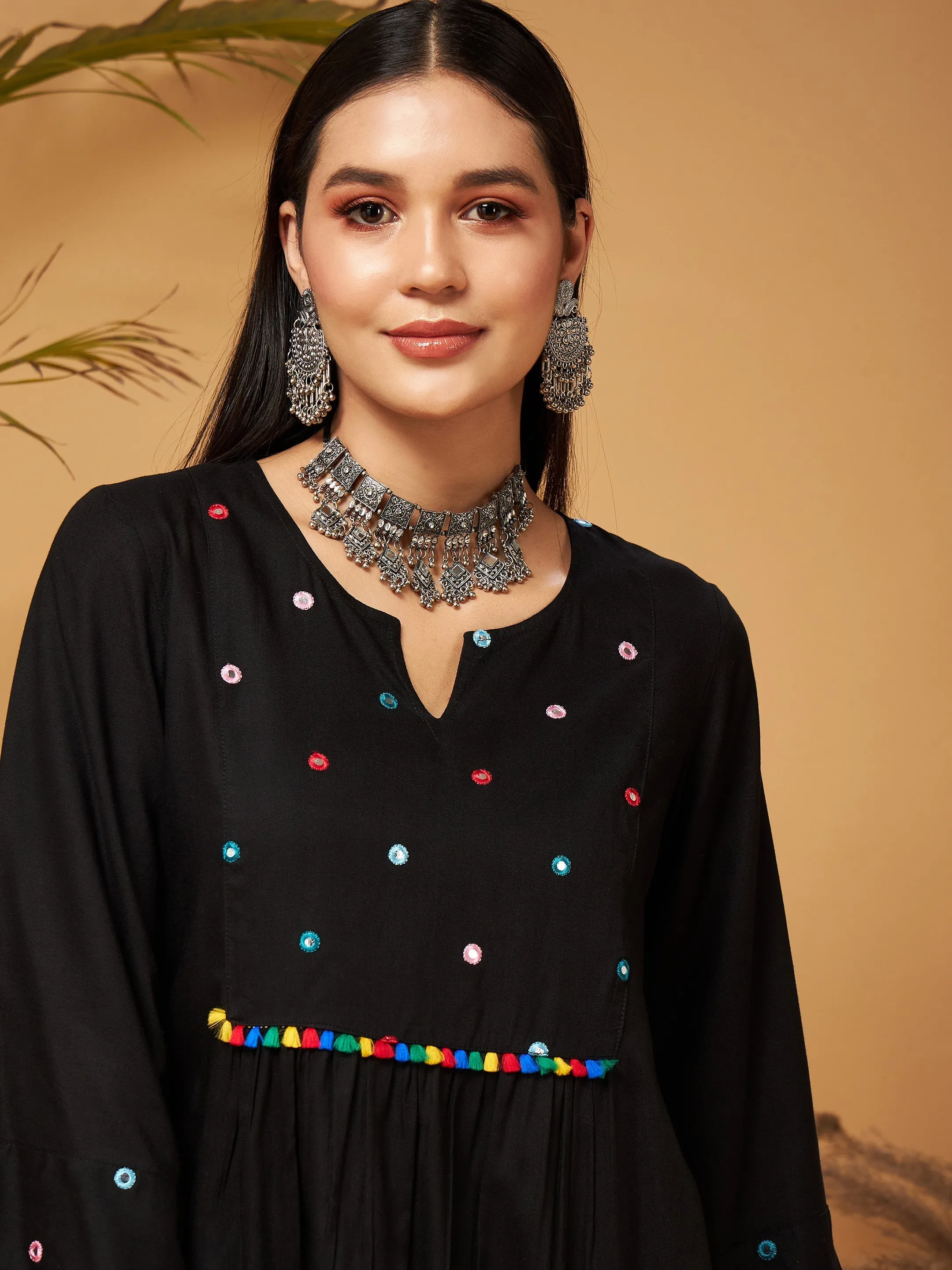 Women Black Mirror Work Embroidered Top With Palazzos