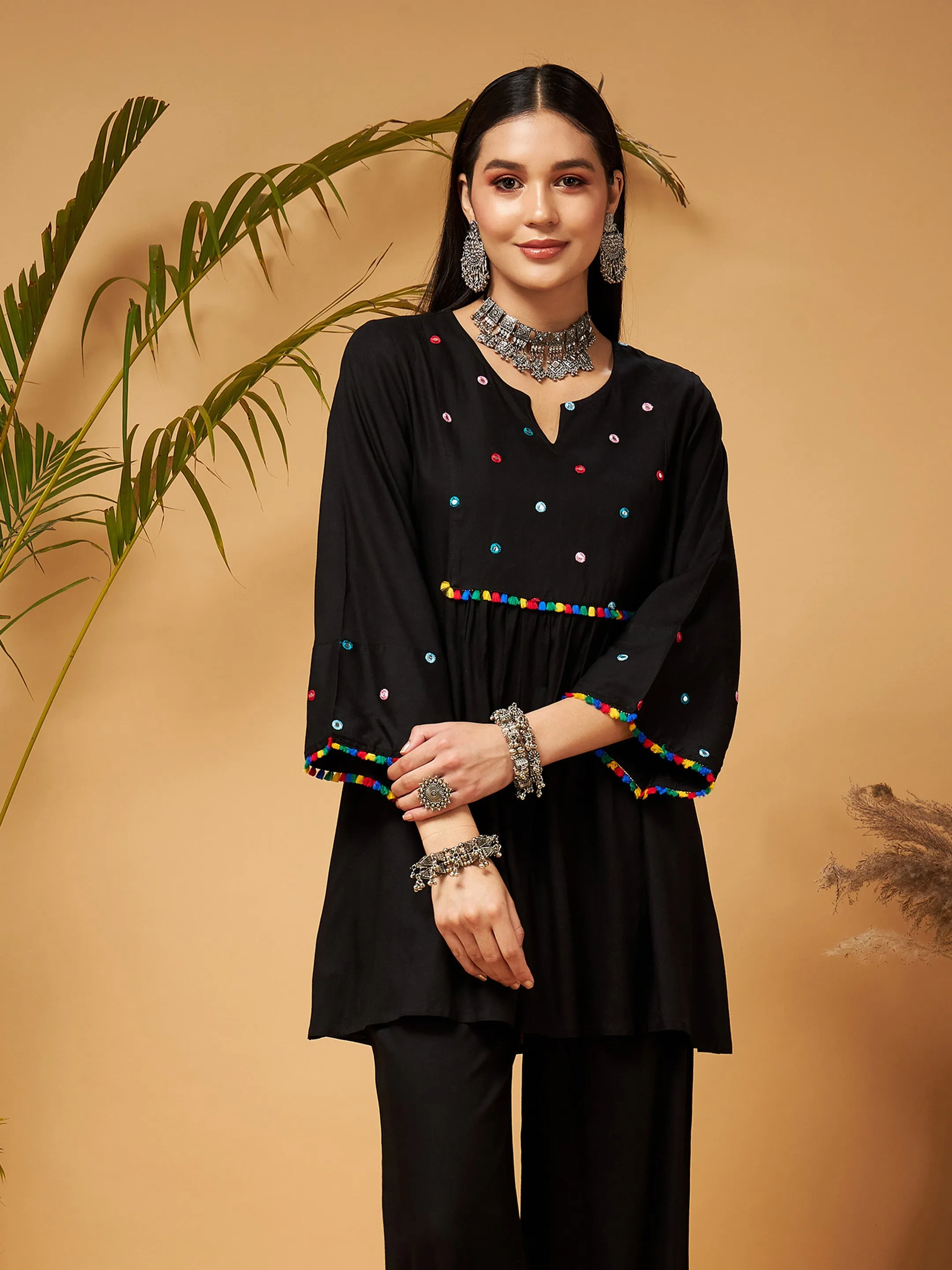 Women Black Mirror Work Embroidered Top With Palazzos