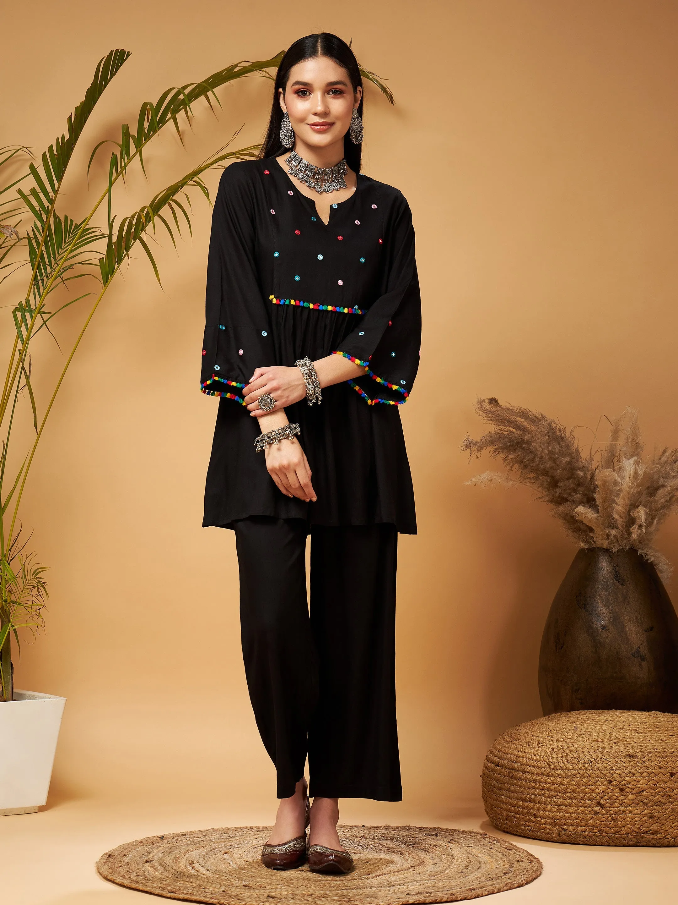 Women Black Mirror Work Embroidered Top With Palazzos