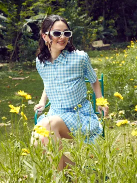 Women Blue Check Crop Shirt With Pleated Mini Skirt