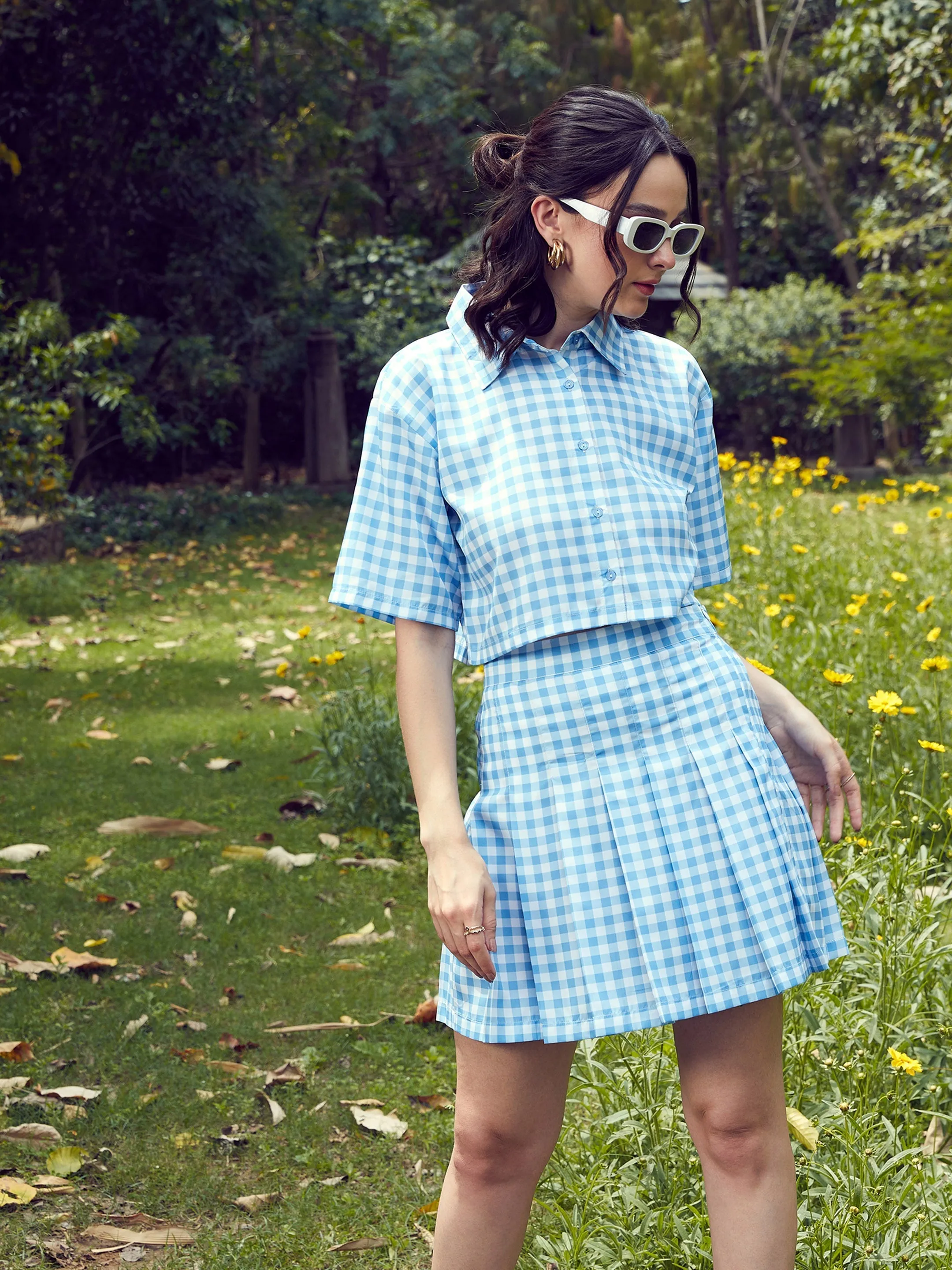 Women Blue Check Crop Shirt With Pleated Mini Skirt