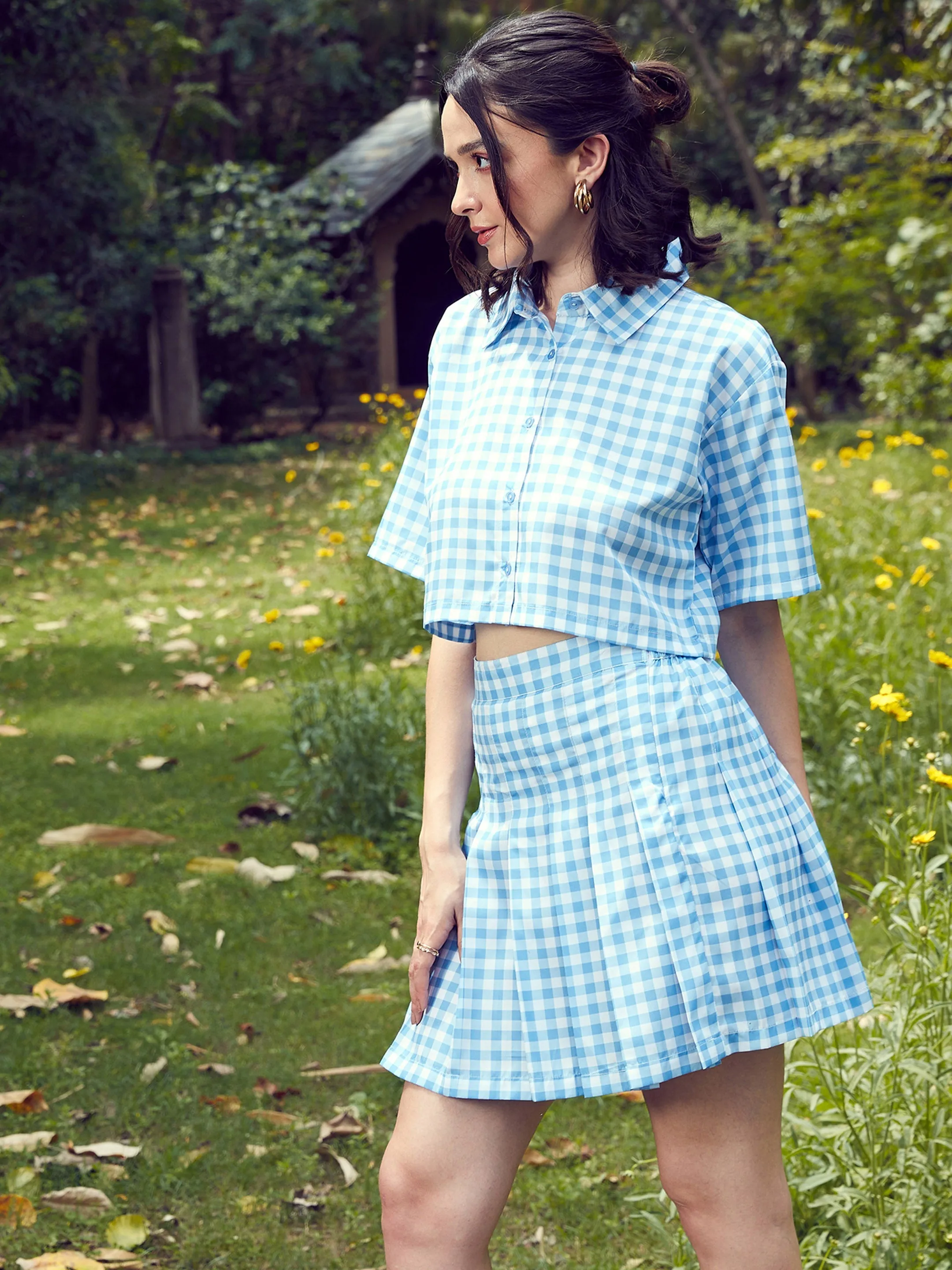 Women Blue Check Crop Shirt With Pleated Mini Skirt