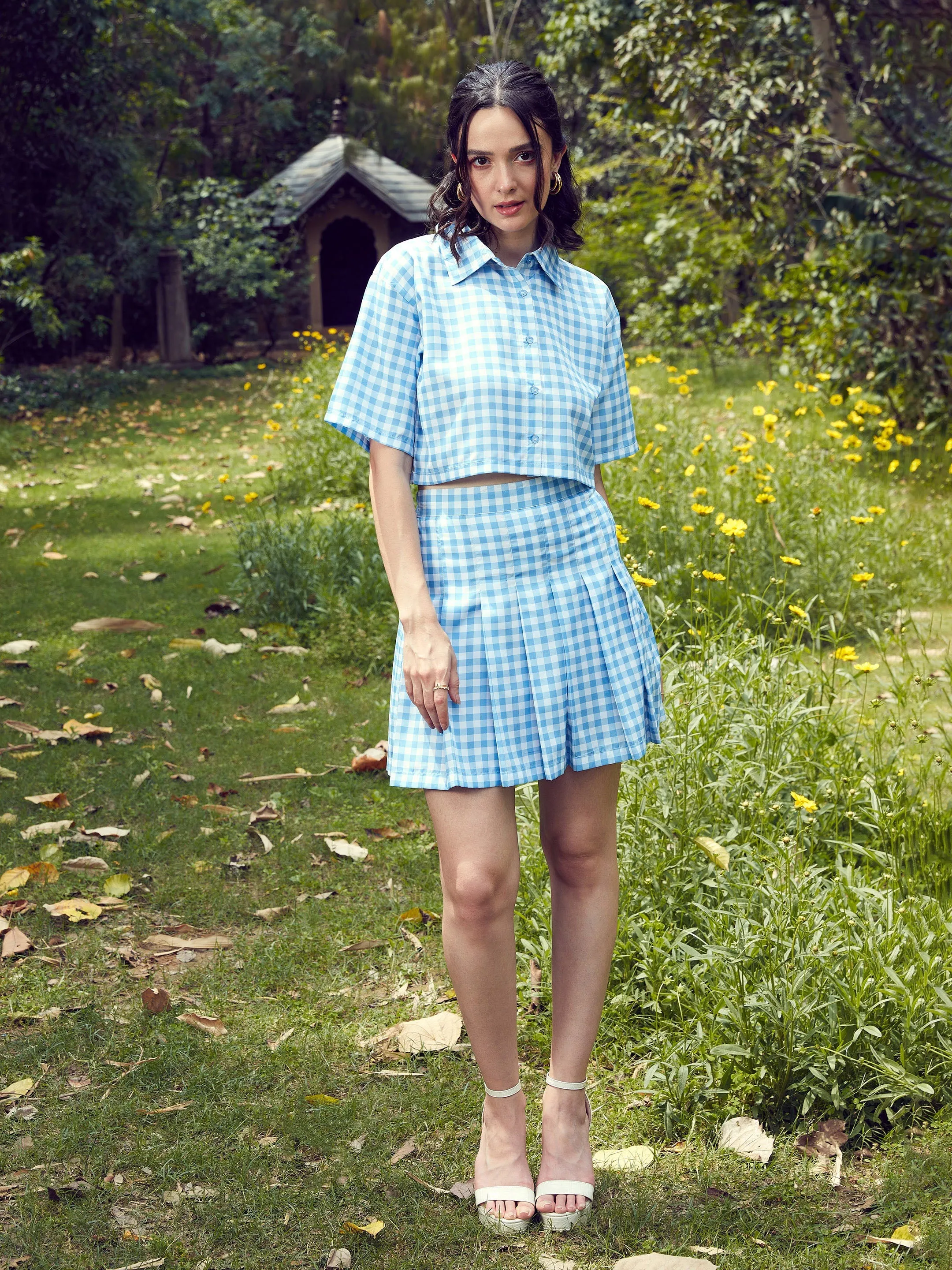 Women Blue Check Crop Shirt With Pleated Mini Skirt